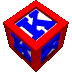 Red cube with blue 'K' symbols on white faces, rotating through multiple angles against a gray background.