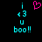 Pixelated cyan text and symbols on black background with a pink heart symbol above the text.