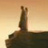 Two figures stand side-by-side on a dark platform against a gradient sky transitioning from light yellow to orange.