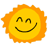 Pixelated yellow sun with orange rays, black curved eyes and a wide smiling mouth on white background.