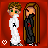 Pixel art contact sheet showing two side-by-side animated frames of a couple with one character in white and the other in black, each wearing an 'X' symbol on their chest against a red background.