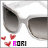four identical images showing sunglasses with red butterflies and the text 'RORI' in pink and black, each image displaying a different color variation for the text