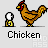 Pixelated chicken animation with small figure, showing sequential movement and scattered orange particles.