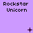Purple background with repeated "Rockstar Unicorn" text and animated pixel symbols including plus signs, asterisks, X's, dots, and small circles.