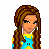 Pixel art contact sheet showing a cartoon girl in blue and yellow pajamas with star patterns, holding a blue duck plush toy across multiple frames including full-body, close-up, and text panels.