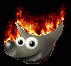Gray cartoon animal head with large white eyes and black pupils, orange-red flames on top, smiling mouth, small rounded nose, fire animation