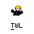 Pixel art character with yellow hair and checkered face, black clothing, holding a white object, displayed with changing text below.
