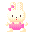 Pixel art contact sheet of a white rabbit character in pink overalls across five animated frames showing different poses and actions with hearts.