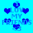 Blue pixelated text and heart symbols repeat across a bright cyan background in a static pattern.