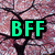 Static pixel art icon with green 'BFF' text on black background over pink cherry blossom branches.