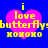 A blue background with four identical pink heart-shaped icons containing yellow text reading "i love butterFaybutterFays XOXOXO" arranged in a