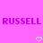 Pixelated text 'RUSSELL RUSSELL' in purple on pink background with two yellow heart symbols below.