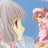 Pixelated anime-style character with light gray hair and pink clothing against a blue background, showing motion in the head turn.