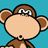 Pixelated monkey face with brown fur, large ears, and white eyes on teal background, next to blue with text