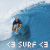 Animated sequence of a surfer riding a wave with text '<3 SURF <3' below, showing color variations in the text across frames.
