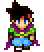 Pixel art character with black spiky hair, blue eyes, and red forehead marking, wearing green shirt, purple cape, blue pants, and dark boots.