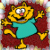 Animated yellow cartoon cat in teal shirt performing various poses against maroon background with pixelated border.