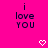 Pixelated text 'i love YOU' in dark purple on bright pink background with two white pixel hearts below.