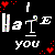 Pixelated black background with white text 'Hate you' and red heart symbols, some pixels showing color artifacts.