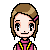 Pixel art avatar with brown hair and pink hair clip, wearing pink top with yellow accents, showing multiple facial expressions across nine positions