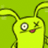 Pixelated yellow cartoon character with large round eye, pink mouth, and long ears against solid green background.