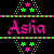 Pixelated pink text 'Asha' on black background with green and pink star patterns above and below, separated by alternating green-pink stripes.