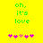 Yellow background with green pixelated text 'oh, it's love' and five pink/purple hearts below; left side has four purple hearts and one light pink heart, right side has three purple hearts and two light pink hearts.