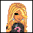 Pixel art character icon with blonde hair and green eye, wearing black shirt with pink symbol, paired with text "Sporty But not a Shorty" on black background.