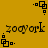 four identical pixelated icons on a mustard-yellow background, each showing a black geometric pattern with the text "zoo york" below