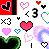 A contact sheet of 6 animated frames from a pixel art buddy icon featuring repeated heart symbols, text phrases like 'x3', '<3', and 'Love You', with color variations in hearts and background elements across frames.