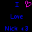Pixelated text and symbols on black background: blue 'I', pink heart, blue 'I', blue 'Love', blue 'Nick <3' repeated twice.