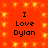 Red background with yellow star-like patterns and four identical text blocks reading "I Love Dylan" in black pixelated font.