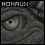 Pixelated close-up of a reptilian eye with a yellowish iris and black pupil, set against a textured gray background with the word 'MONAUX' in blocky white letters at the top.