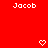 Red background with repeated white "Jacob" text and pixelated symbols including hearts, downward arrows, and a gray rectangle.