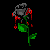 Pixelated rose with gray petals, red droplets, and green leaves animating against black background.
