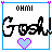 Pixel art icon with 'Gosh!' text, changing heart symbols and small decorative elements above a blue border.