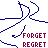 Animated icon with blue wavy lines background, alternating red and cyan 'FORGET' text above maroon 'REGRET' text, small red hearts appearing in some frames.