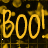 Yellow 'BOO!' text repeated across a dark background with scattered white dots and faint yellow smudges