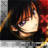 Pixelated anime-style character with brown hair and purple eyes, smiling slightly against a dark background with red and orange accents.