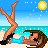 Pixelated beach scene with a woman lying on sand, legs raised in the air, under a bright sun and blue sky.