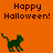 Orange background with three green cat icons and "Happy Halloween!" text in pixelated font, one cat partially cropped by gray rectangle.