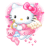 Pixelated Hello Kitty icon with pink bow, white face, black eyes, yellow nose, and pink floral patterned dress against a white background.