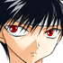 Anime-style character with black hair and red eyes in a of six showing eye and head position variations