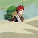 A red-haired anime character in a brown outfit with a large sack and white sash moves through sand, transitioning from crouched to standing poses with shifting background elements.
