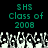 Pixelated green text 'SHS Class of 2008' repeated twice on black background with grayscale crowd silhouette below.