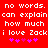 Red background with white pixelated text repeating 'no words. no words. can explain can explain how much how much i love Zack i love Zack' and pink asterisks below.