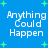 Blue background with green plus signs and white pixelated text reading "Anything Could Happen" in four identical quadrants.