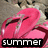 A pink cartoon character with a large head and closed eyes, wearing dark sunglasses, positioned above the word 'summer' in white block letters on a black background.