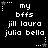 Black background with white pixelated text reading 'my bffs jill laura julia bella' arranged in a , surrounded by small star and dot patterns