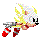 Pixelated character with yellow spiky hair, white face, black eyes and nose, red shoes, gray gloves, flying left to right against light gray background.